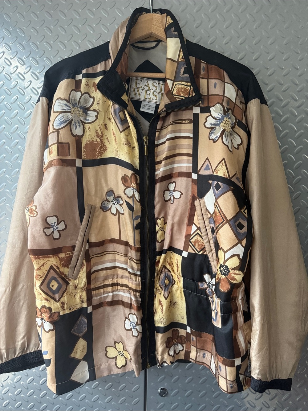 100% silk Beige Floral Patchwork Bomber Jacket